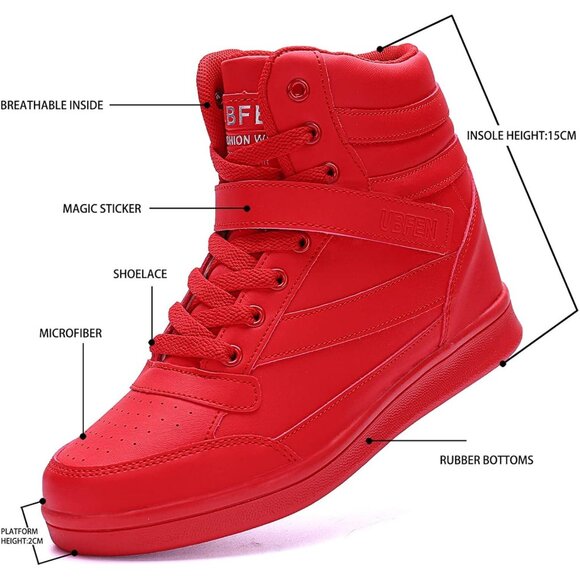 Ubfen Women's Red Hidden Wedges Platform Heel High Top Casual Sports Sneakers - Picture 3 of 8